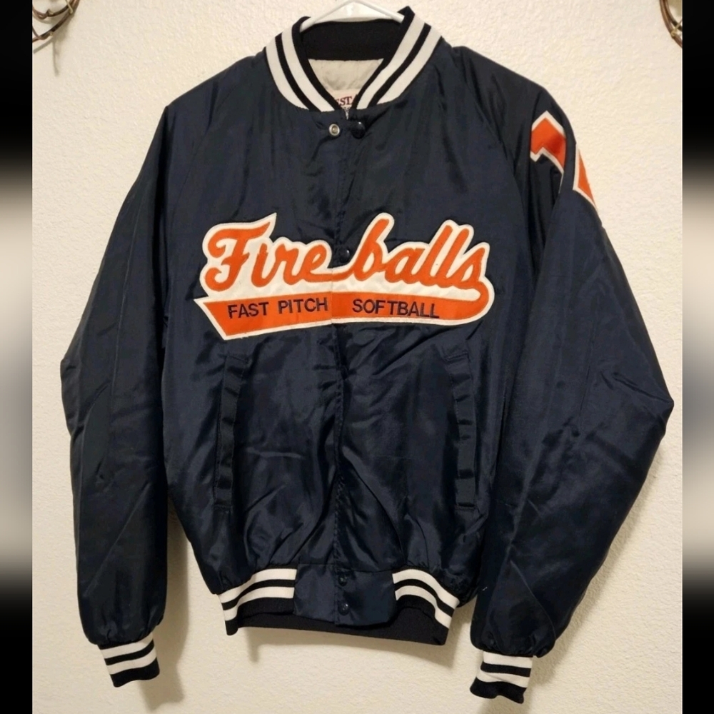 VTG 80s Westark USA Fireballs Fast Pitch Softball Jacket Navy Nylon Bomber Small